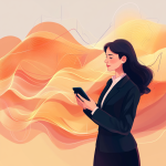 Stylized digital illustration of a woman in business attire using a phone, with bold orange audio waveforms flowing around her.