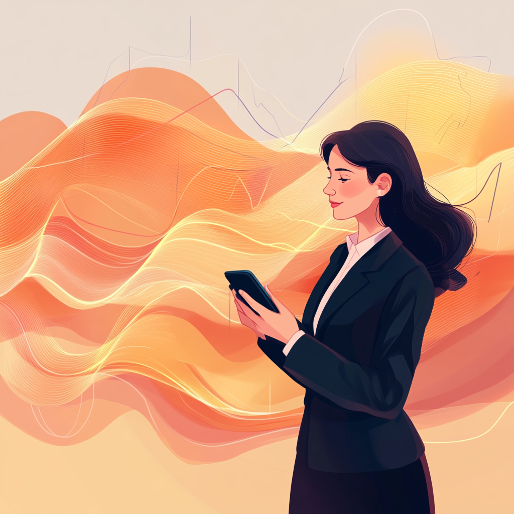 Stylized digital illustration of a woman in business attire using a phone, with bold orange audio waveforms flowing around her.
