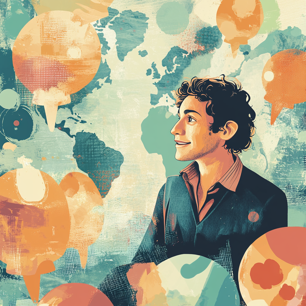 Illustration of a man looking confident against a world map with orange and teal speech bubbles representing global communication and accent reduction.