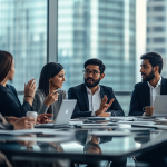 A professional business meeting in a modern corporate office. A diverse group of confident professionals, including men and women of various ethnic backgrounds, engaged in discussion. The central speaker, an Asian or Indian man, speaks clearly while maintaining eye contact and using hand gestures. Others attentively listen and nod. The setting includes a conference table, laptops, and a city skyline visible through large windows.