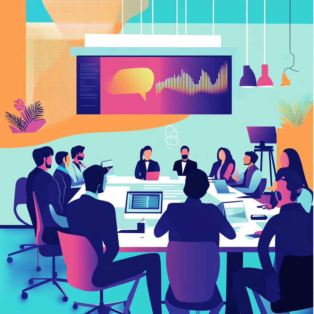 Illustration of a modern corporate training session with diverse professionals discussing accent modification in a bright, contemporary office setting.