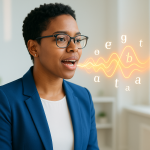 Person speaking with glowing sound waves and phonetic symbols around the mouth in a modern studio setting