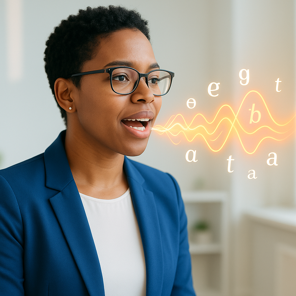 Person speaking with glowing sound waves and phonetic symbols around the mouth in a modern studio setting