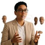 Confident professional speaking with a visual sound wave overlay, symbolizing clear communication in a professional setting