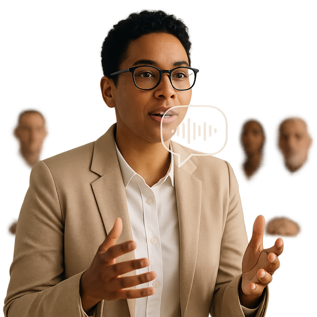 Confident professional speaking with a visual sound wave overlay, symbolizing clear communication in a professional setting
