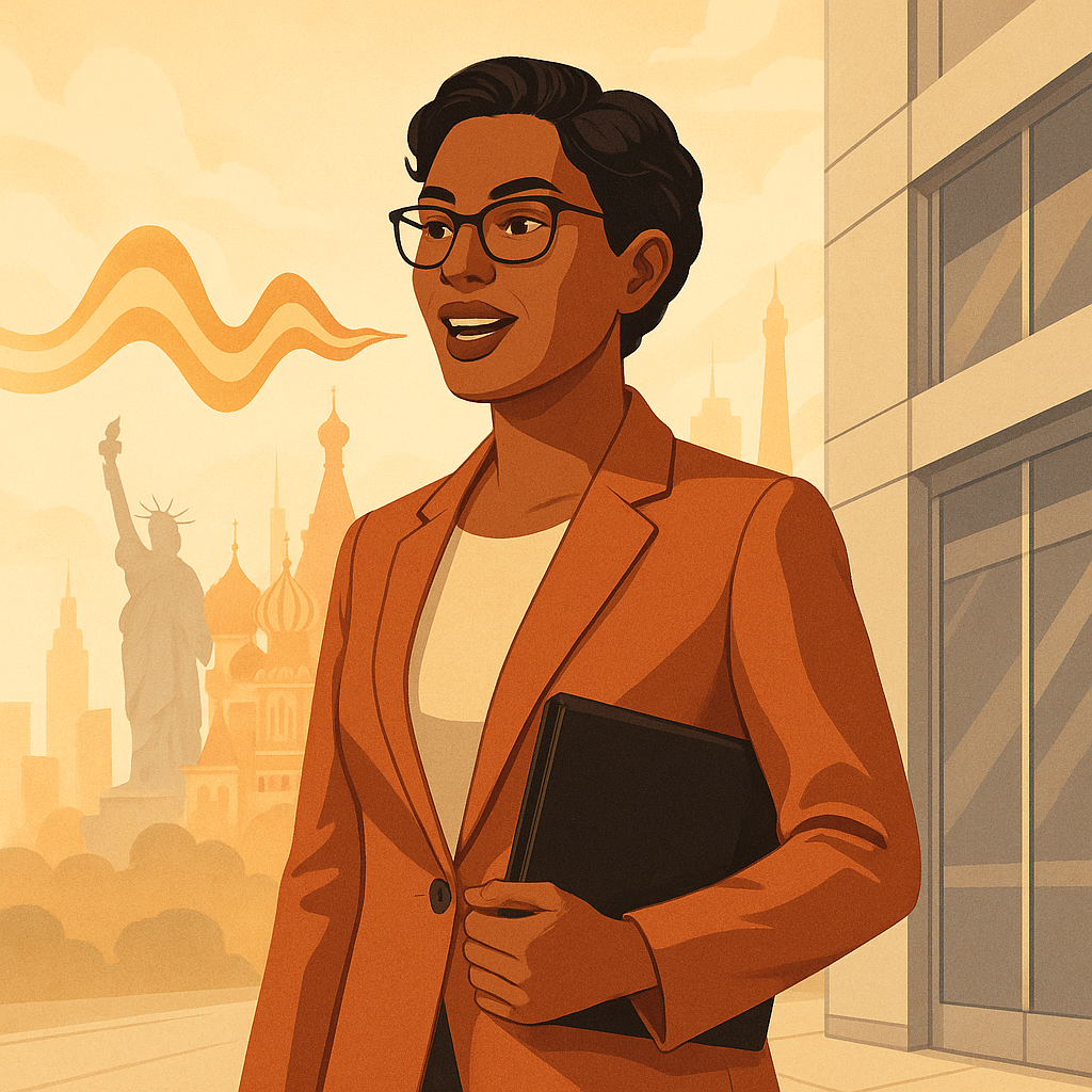 Immigrant professional confidently speaking with visible speech wave, cultural landmarks in background