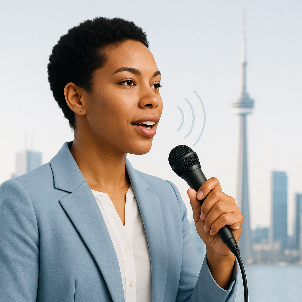 Confident diverse professional speaking into a microphone with Toronto skyline and sound wave graphics