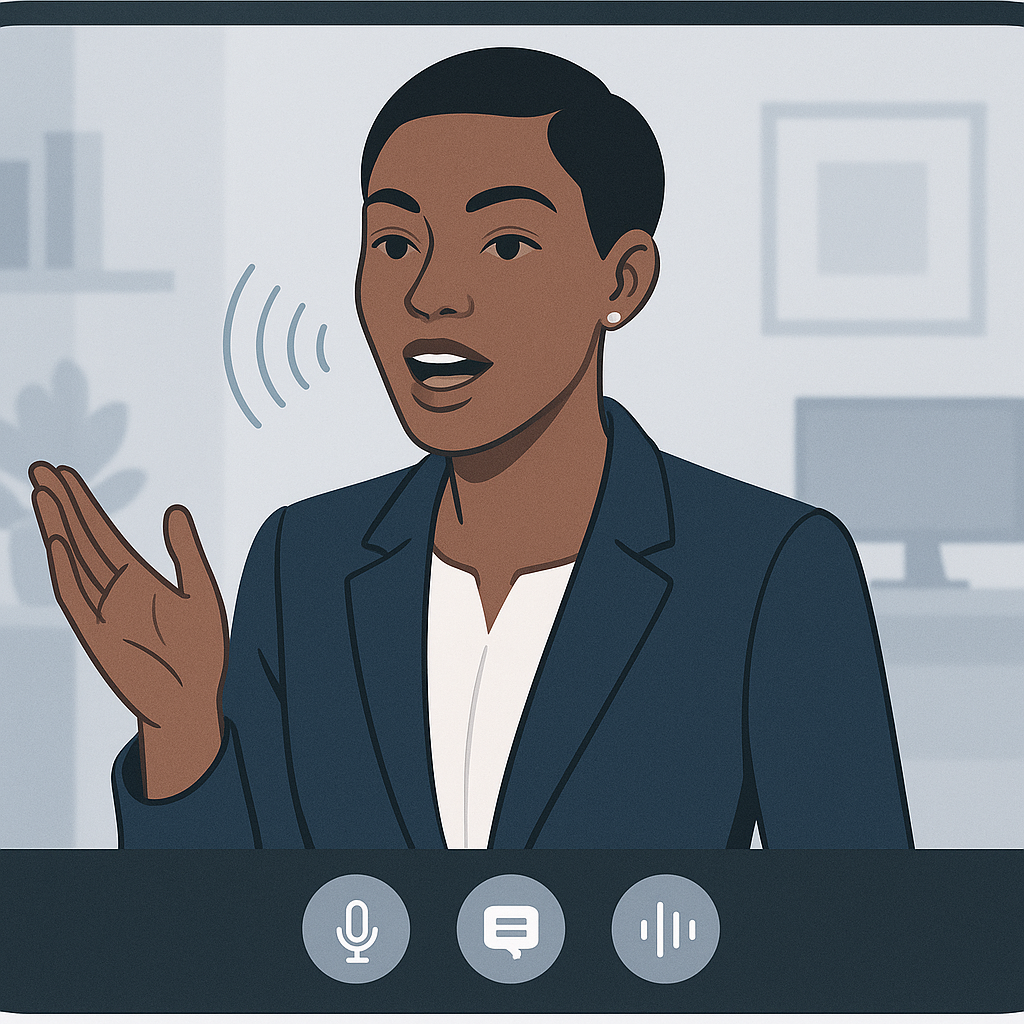 Person speaking clearly during a video call with sound waves and virtual communication icons