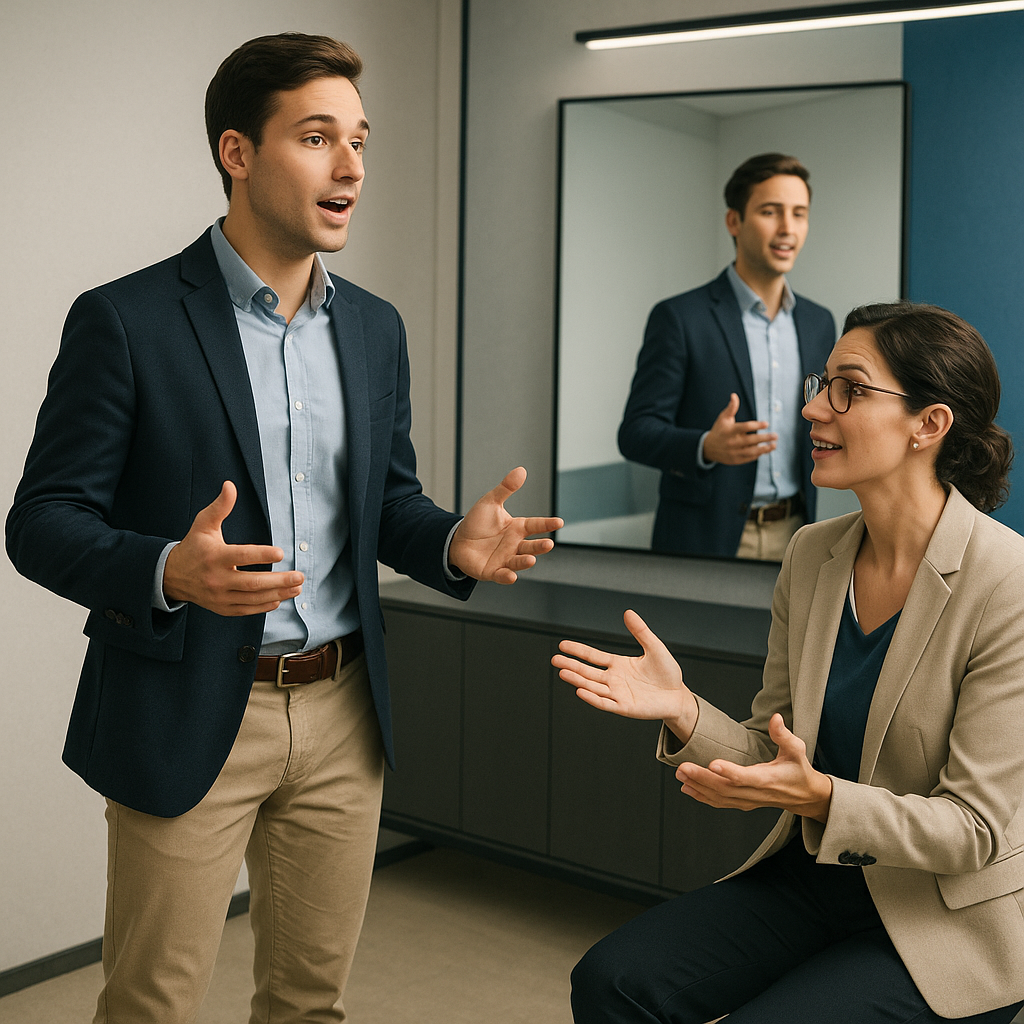 Public speaking coach encouraging a professional during a speech practice session in a modern studio.