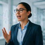 Professional woman speaking confidently with sound waves and phonetic symbols in a modern office background.