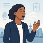 Illustration of a professional speaking confidently in front of Vancouver skyline with speech waves and app icons