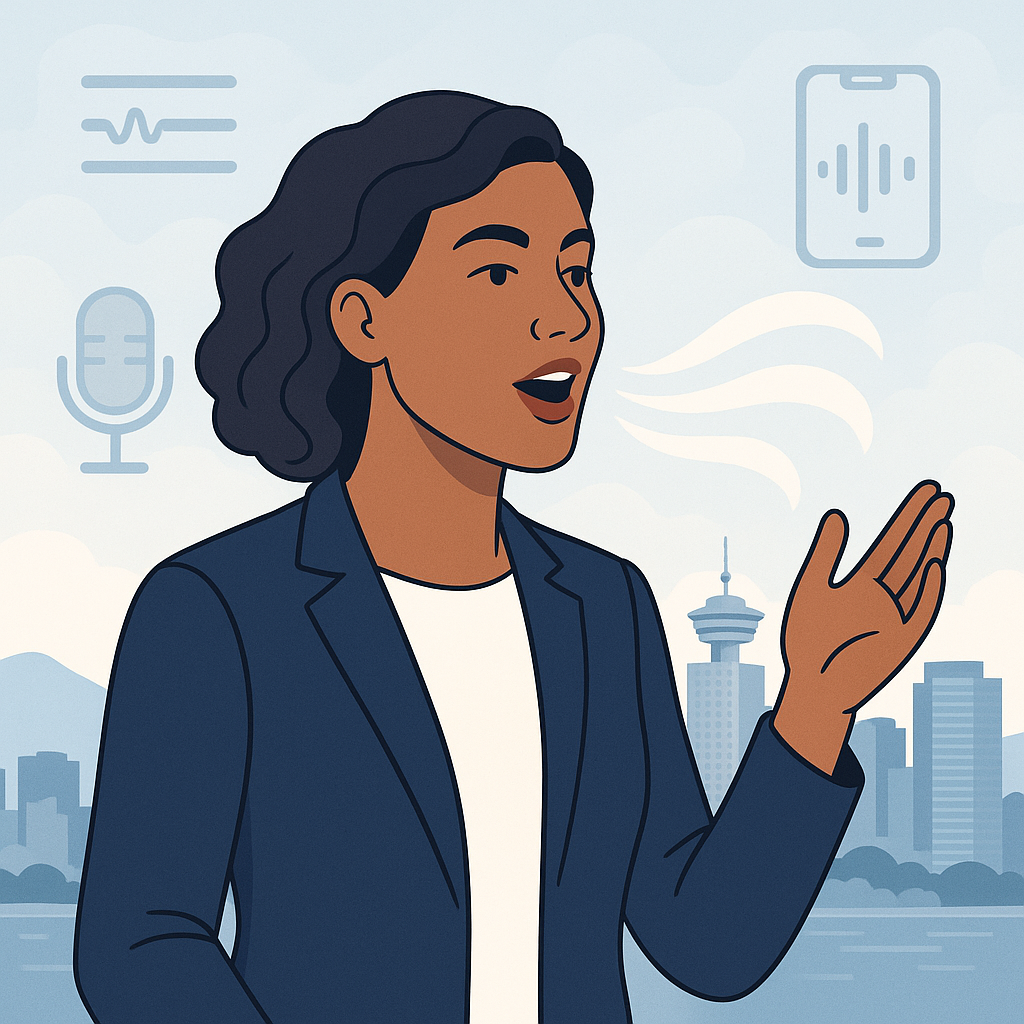 Illustration of a professional speaking confidently in front of Vancouver skyline with speech waves and app icons