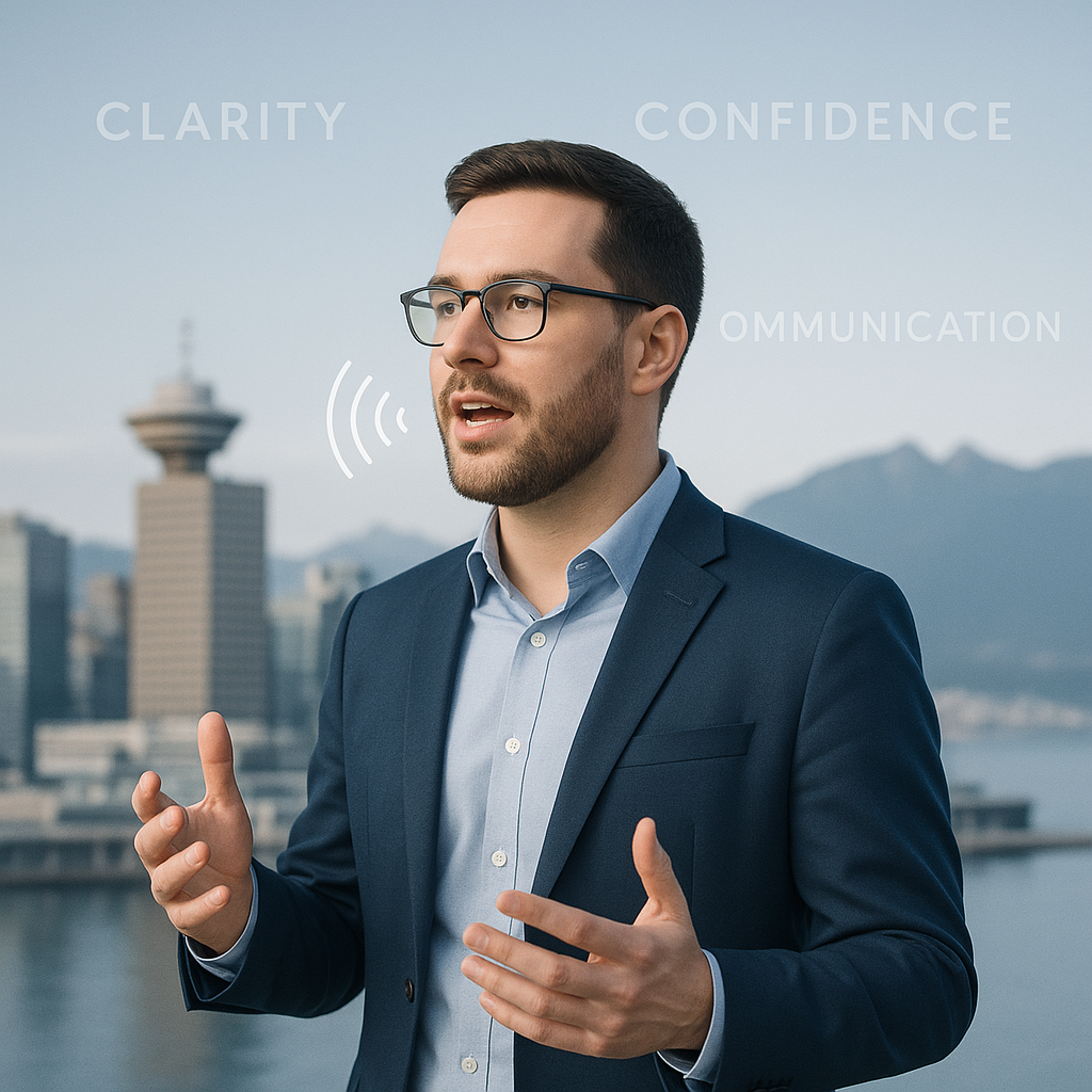 Professional adult speaking confidently with sound waves and words like clarity and confidence around a Vancouver city background