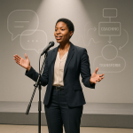 Confident speaker on stage under spotlight with visual cues of coaching support and communication tools