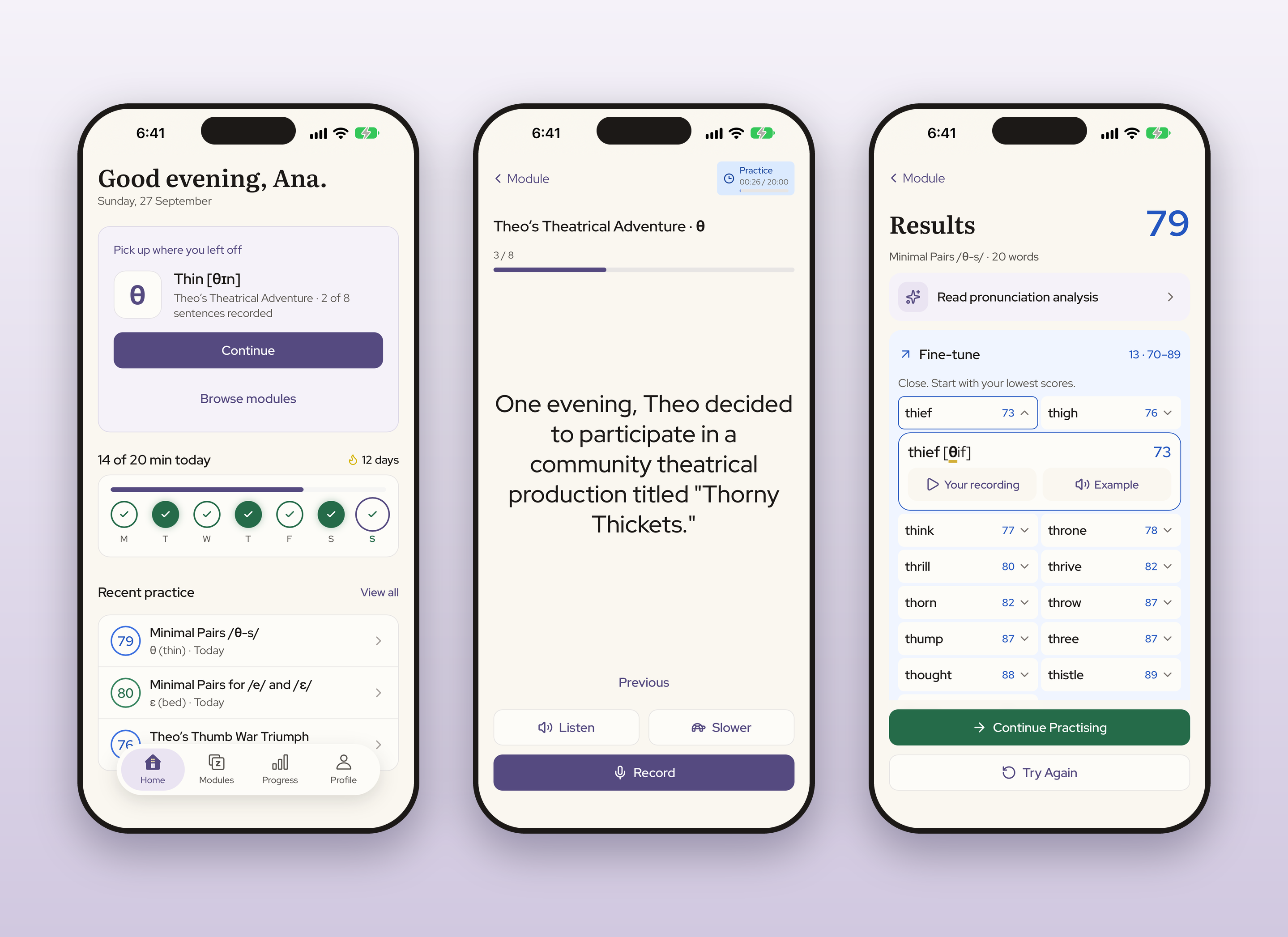 Speech Studio app on iPhone: the home screen, a recording exercise, and word-by-word results